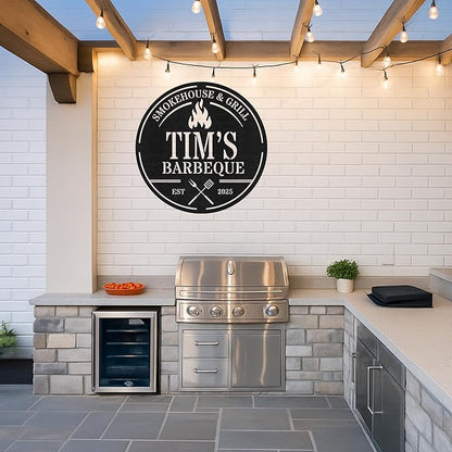 Personalized BBQ Corner Metal Sign, Custom Grill Name Cut Wall Art for Outdoor Kitchen, Rustic Patio and Backyard Gift