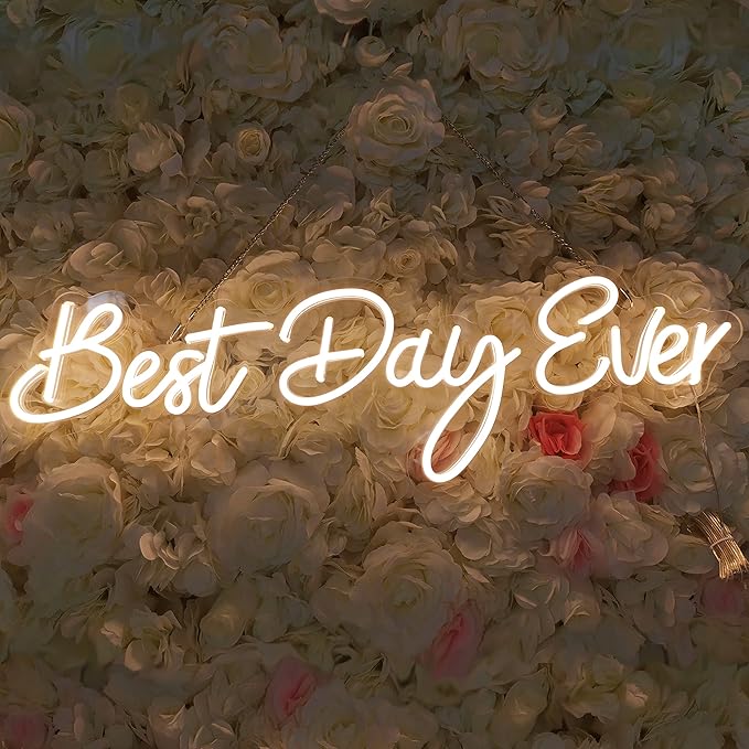 SYLHOME Large LED Neon Light Signs 12V Best Day Ever 26"X7.9" Wedding Ceremony Party Birthday Art Wall Backdrop Sign Decor, for Bedroom Home Bar Pub Neon Night Light Warm White