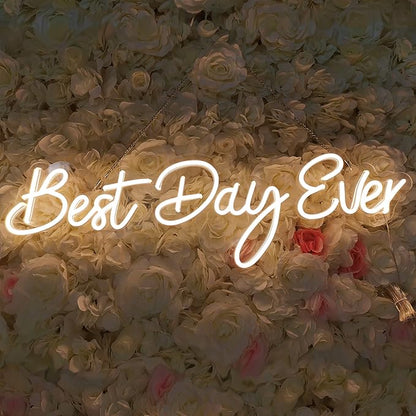 SYLHOME Large LED Neon Light Signs 12V Best Day Ever 26"X7.9" Wedding Ceremony Party Birthday Art Wall Backdrop Sign Decor, for Bedroom Home Bar Pub Neon Night Light Warm White