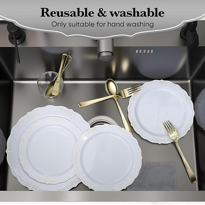 175 PCS White and Gold Disposable Plates, Elegant Dinnerware Set for 25 Guests, 50 Plastic Plates, 75 Silverware, 25 Cups & 25 Paper Napkins, White and Gold