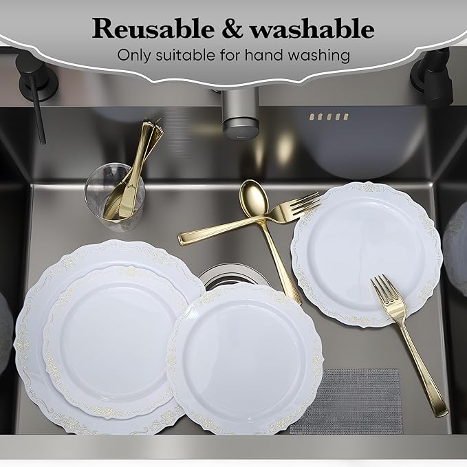 350 PCS White and Gold Disposable Plates, Elegant Dinnerware Set for 50 Guests, 100 Plastic Plates, 150 Silverware, 50 Cups & 50 Paper Napkins, White and Gold