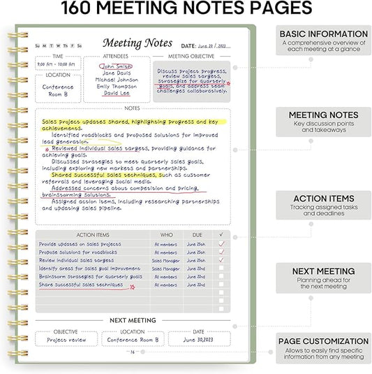 Taja Meeting Notebook for Work Organization - Work Planner Notebook with Action Items, Agenda Planner for Note Taking, 160 Pages (6.9" X 9.9") Project Organizer for Men & Women - Green