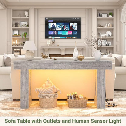 Unikito 63'' Farmhouse Console Table with Power Outlets and Sensor Light, Wooden Entryway Table with Storage, Rectangular Sofa Tables Behind The Couch for Entrance, Hallway, Living Room, White Oak