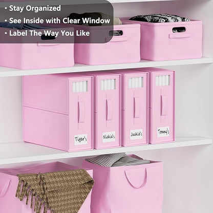 SUOCO SheetCube Bed Sheet Organizers and Storage 4 Pack, Foldable Linen Closet Organizer with Window and Label, Bedding Folder Storage Box Container for Blanket, Duvet Cover Set, Bed Sheet Set - Pink
