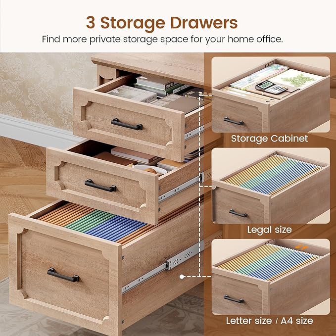 SEDETA Farmhouse L Shaped Desk with Drawers, 70.9" Home Office Desk with Storage Cabinet and Storage Shelves, L Shaped Computer Desk with Power Outlet，Oak