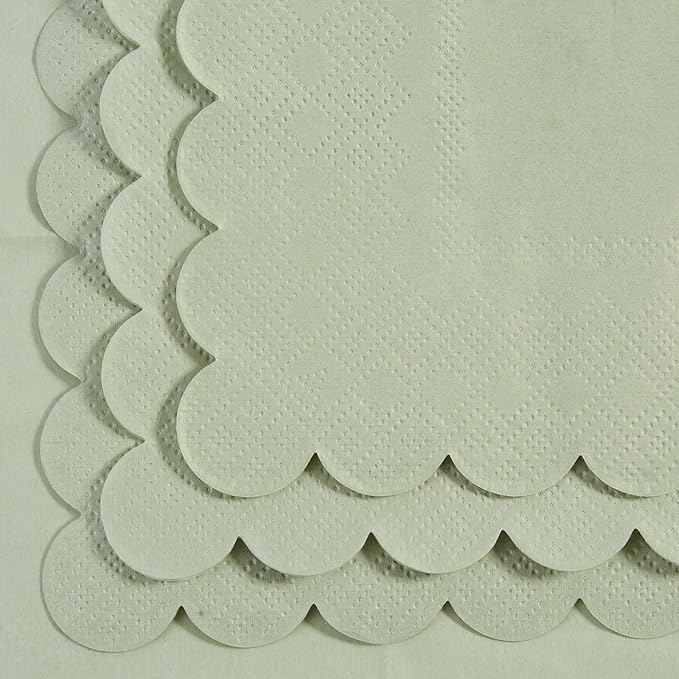 200 Pack Cocktail Napkin 2-Ply Scalloped Edged Dessert Napkins Folded 5 x 5 Inches Disposable Napkins for Dinner Wedding Birthday Party Bridal Anniversary Reception Event (Sage Green)