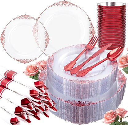 Hioasis 350pcs Clear Red Plastic Plates - Elegant Disposable Dinnerware Set Suitable for 50 Guests Include 10.25" Dinner & 7.5" Dessert Plates, Pre Rolled Silverware Set, Cups for Party & Wedding