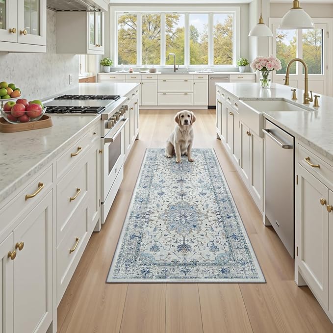 Area Rugs 2'x5' Runner Rug Non Slip Washable for Kitchen Hallway Bedroom Beside Laundry Room Bathroom Rug, Floor Carpet, Light Blue Navy Beige Gray White