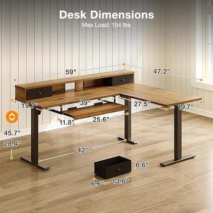 Casaottima 59 Inch Electric L-Shaped Standing Desk with Drawers, Height Adjustable Stand Up Corner Desk with Monitor Stand & Keyboard Tray, Lift Table for Home Office, Workstation, Rustic Brown