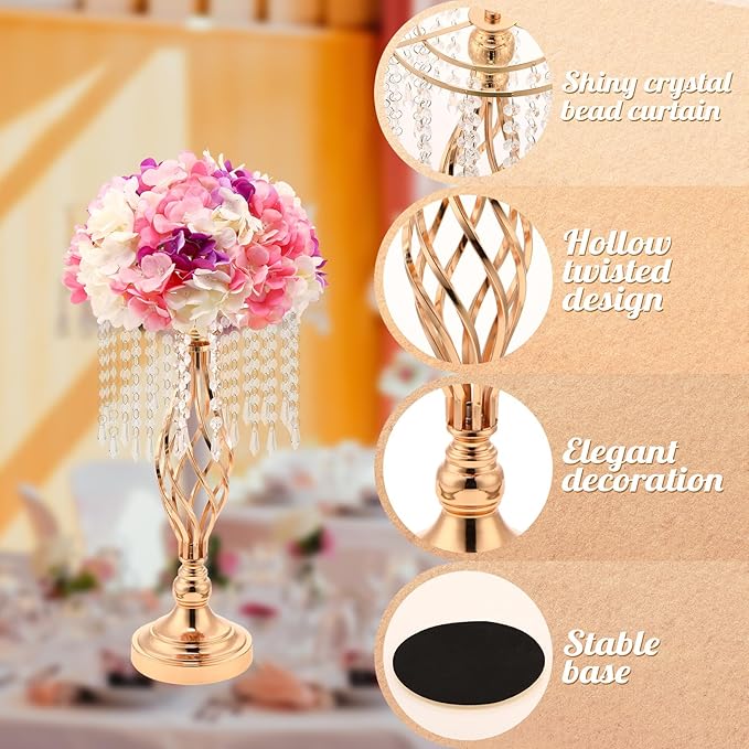 Wesiti 10 Pcs Crystal Gold Flower Stand Elegant Metal Flower Arrangement Stand with Chandelier Crystals 17.7" Tall Gold Vase for Centerpieces Wedding Reception Hotel Favor