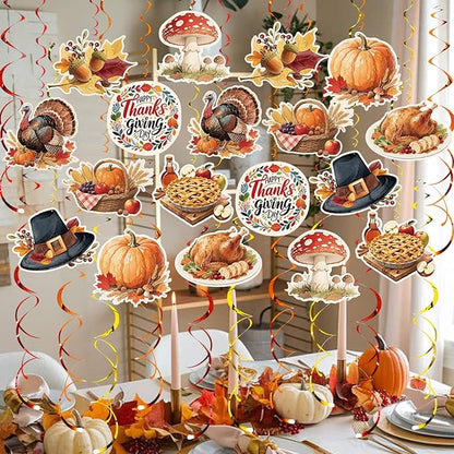 Thanksgiving Hanging Swirl Set Party Decorations, 48 Pcs, Autumn Theme Pumpkin Maple Leaf Turkey Party Supplies Sign,Orange Brown Red