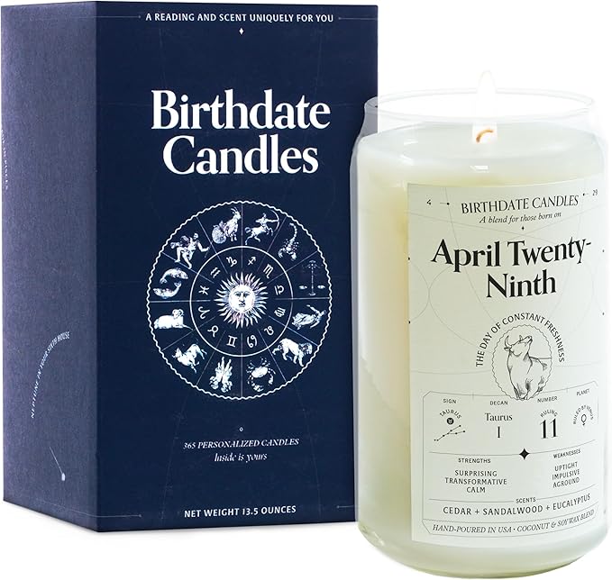 Birthdate Candles, April 29 - Taurus Zodiac Scented Candles Birthday Gift - Cedar, Sandalwood & Eucalyptus Scent - All-Natural Soy & Coconut Wax, 60-80 Hour Burn Time - Made in USA