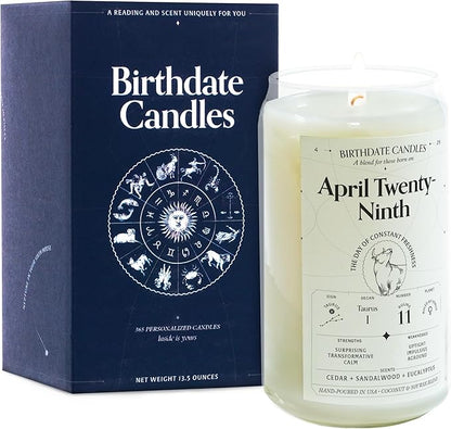 Birthdate Candles, April 29 - Taurus Zodiac Scented Candles Birthday Gift - Cedar, Sandalwood & Eucalyptus Scent - All-Natural Soy & Coconut Wax, 60-80 Hour Burn Time - Made in USA