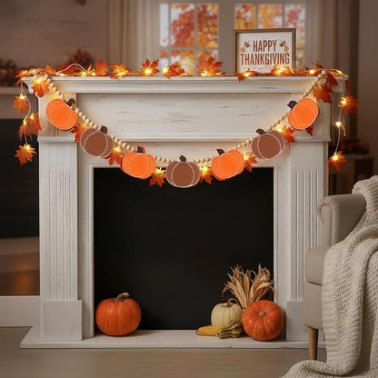 2 Pcs Fall Decorations for Home Felt Pumpkin & Wood Bead Garlands with Maple Leaf Lights for Mantel Ideal for Fall Thanksgiving Halloween and Holiday Decor