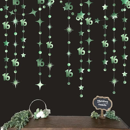Sage Green Number 16 Circle Dot Twinkle Star Garland Hanging Streamer Bunting Banner Backdrop Decorations for Girls Happy 16th Birthday Sweet Sixteen 16th Anniversary Cheers to 16 Years Party Decor