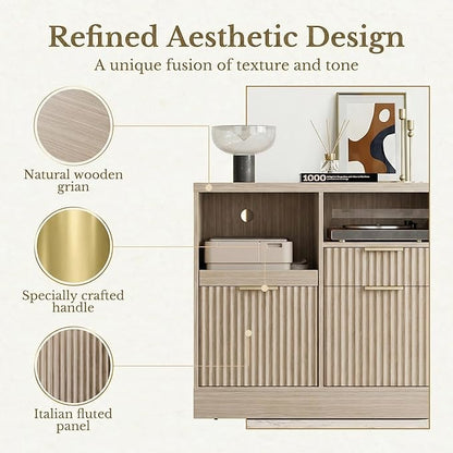 3 Drawer File Cabinet, Fluted Wood Lateral Filing Cabinet with Charging Station for Home Office, Fits for A4/Letter-Sized Files, Printer Stand with Open Storage Shelves, Natural Walnut