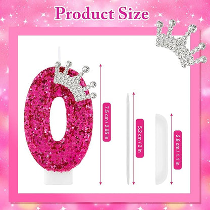 Hot Pink Birthday Candles Crown Number 0 Candle Birthday Party Decorations Cake Topper Cupcake Decor for Anniversary Celebrations Supplies