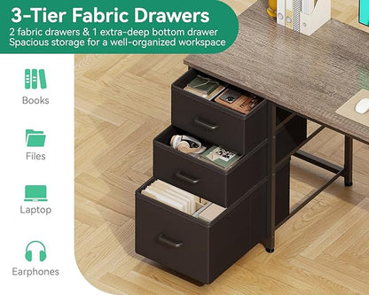 AODK 51 Inch Computer Desk with Fabric Drawers & USB Power Outlets - Reversible Home Office Desk with Storage Shelves, Work from Home, Modern Work/Writing/Study Table for Bedroom, Grey Oak