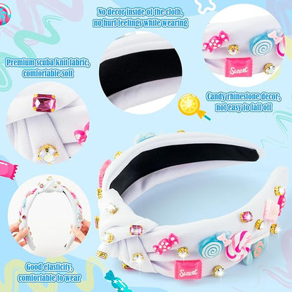PANTIDE Candy Jeweled Knotted Headband - Christmas Sugar Lollipop Rhinestone Crystal Embellished Preppy Headband Wide Top Knot Fashion Hair Accessories Candyland Birthday Gift for Women Girls (White)