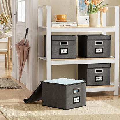 Huolewa File Organizer Box with Lid, Collapsible File Folder Organizer for Office Document Storage, Filing Box with Plastic Slide for Letter Size Hanging File Folders(1 Pack, Dark Grey)