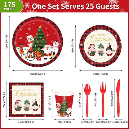 175PCS Large Christmas Paper Plates and Napkins Serves 25, Red Disposable Dinnerware Set, Christmas Party Supplies Decoration, Holiday Party Plates Total