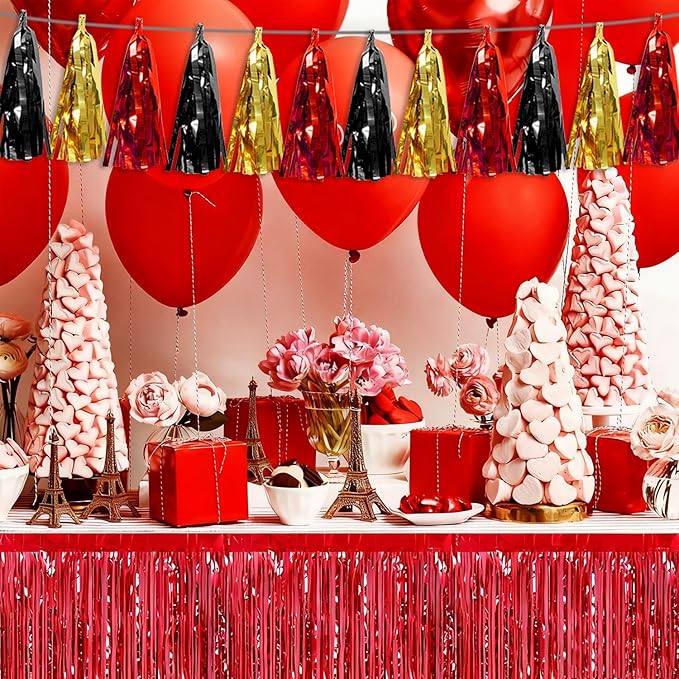 3P Red-Black Gold Tassel Banner Garland Metallic Foil Fringe Banner Tinsel Tassels Streamer Banner Backdrop for Parade Floats, 2025 Graduation Decorations, Baby Bridal Shower Party Decoration