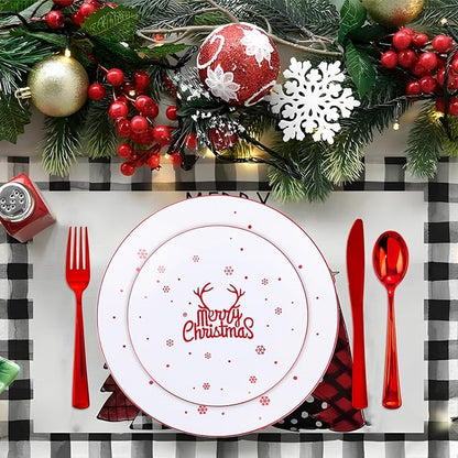 Nervure 175PCS Christmas Plastic Plates - White and Red Disposable Plates & Red Plastic Silverware include 50 Plates 25Knives 25Forks 25Spoons 25Napkins for Christmas Party