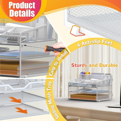 Docnest 3 Tier Mesh Desk Organizer for Paper Office Supplies – Multi-Functional Letter Tray with 5 Adjustable Compartments, 3 Pen Holders, Desktop Storage for Files, Mail, Stationery – White
