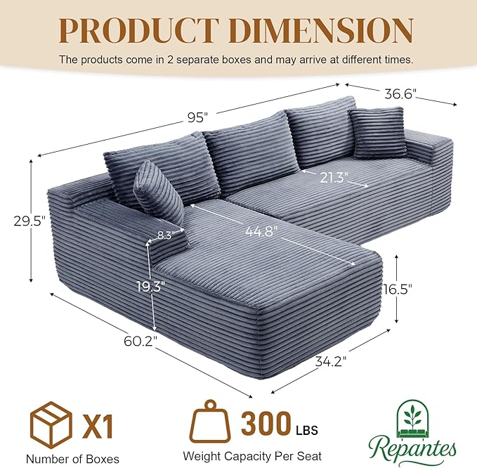 95" L Shaped Boneless Sectional Couches, Wide Armrest, Deep Seat, Memory Foam, Assembly Free, Modern Comfy Corduroy Fluffy Cloud Sofa with Left Chaise for Living Room, Small Spaces, Grey