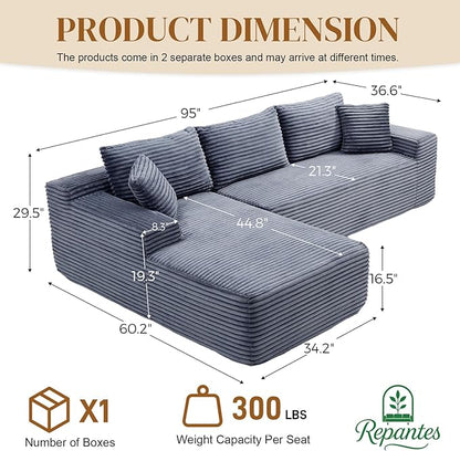 95" L Shaped Boneless Sectional Couches, Wide Armrest, Deep Seat, Memory Foam, Assembly Free, Modern Comfy Corduroy Fluffy Cloud Sofa with Left Chaise for Living Room, Small Spaces, Grey