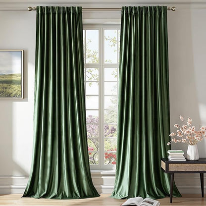 PRIMROSE Emerald Olive Green Velvet Curtains 90 inch Long for Living Room,Set of 2 Panels Blackout Rod Pocket Back Tab Window Treatment Room Darkening Heavy Decorative Curtains Drapes for Bedroom