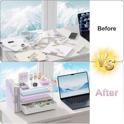 gianotter Wood Desk Organizers and Accessories with File Holder, 4-Tier Desk Accessories & Workspace Organizers with Drawer and Pen Holder, Paper Organizer for Office Supplies (White)
