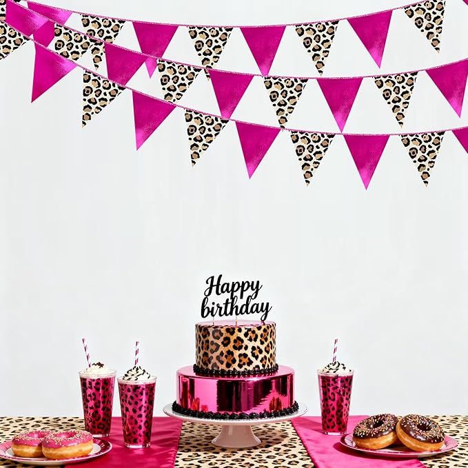 Hot Pink Leopard Print Pennant Banner Flag Hanging Paper Triangle Bunting for Cheetah Print Leopard Theme Birthday Baby Shower Wedding Bachelorette Engagement Bridal Shower Party Decorations Supplies