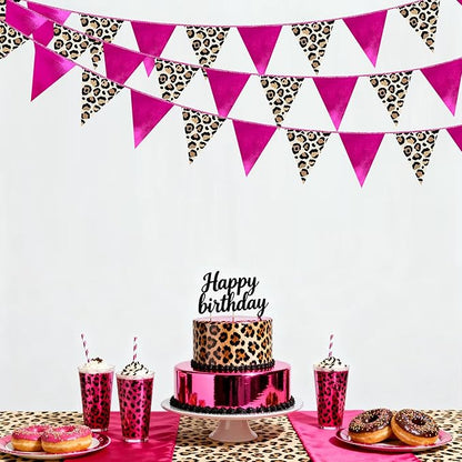 Hot Pink Leopard Print Pennant Banner Flag Hanging Paper Triangle Bunting for Cheetah Print Leopard Theme Birthday Baby Shower Wedding Bachelorette Engagement Bridal Shower Party Decorations Supplies