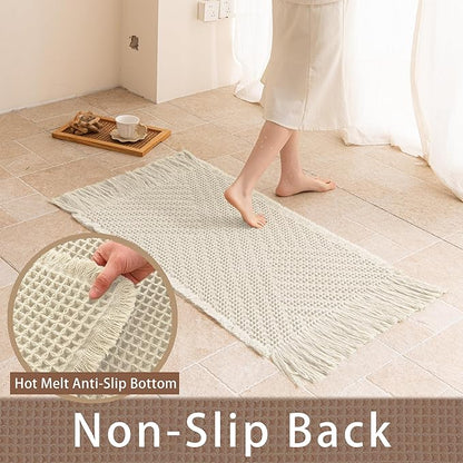 Waffle Runner Rug Non Slip, Boho Bath Mat, Super Absorbent Quick Dry Long Bath Runner Bathroom, Soft Farmhouse Bath Rug with Tassels, Washable Shower Mats for Floor 24"x72", Tassels Cream