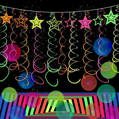 54 Pieces UV Hanging Swirl Paper Star Garlands Neon Streamers Glow Party Supplies and Decorations Black Light UV Reactive for Dark Glow Wedding Birthday Party Favors