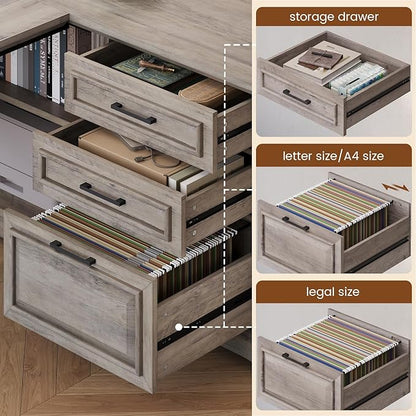 SEDETA Executive Desk, 61" Farmhouse L Shaped Desk with File Drawers, Office Desk with Drawers and Power Outlets, Computer Desk with Storage Shelves for Home Office, Grey
