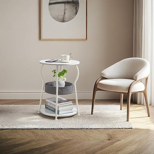 Small Round Side Table with Storage Bag, 3-Tier Accent Round End Table with Storage Shelves for Living Room, 21.6" H Vintage Small Corner Table for Smalls Spaces (D - 15.8 in White)