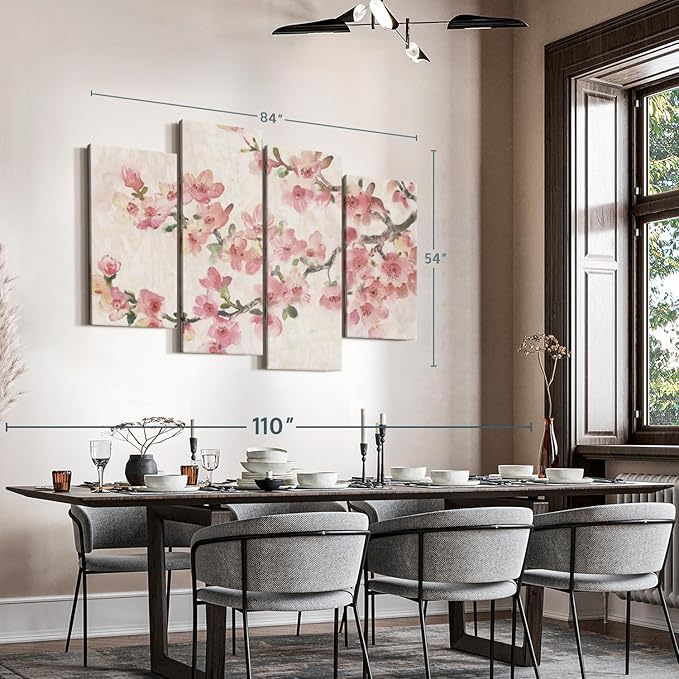 ElephantStock Cherry Blossom Composition I Wall Art - Horizontal Canvas - 4-Piece Living Room Wall Decor - Branch Painting Canvas Print - Pink and Green Decor for Wall by Tim O'Toole - 84" X 54"