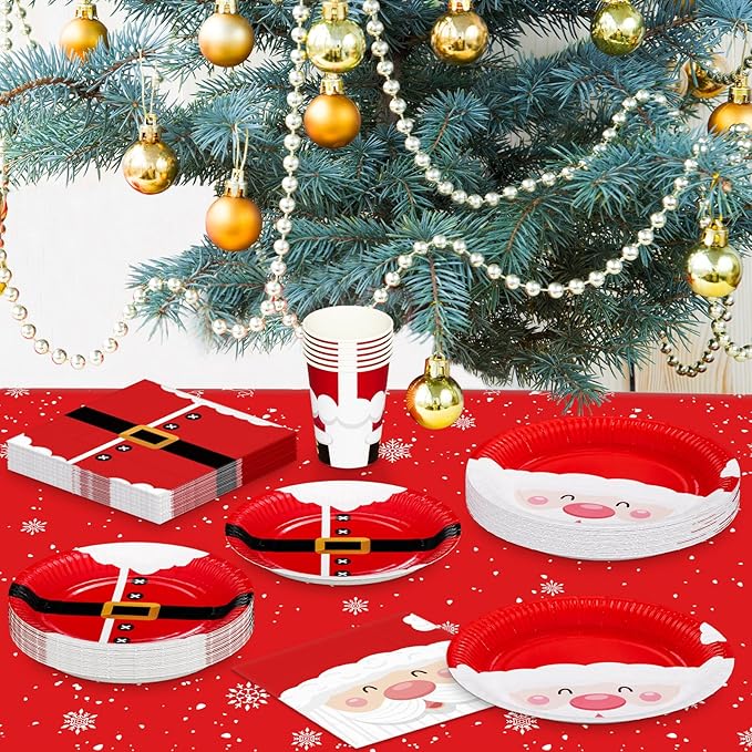 100 Christmas Party Paper Plates Napkins and Cups Set Santa Claus Disposable Dinnerware Set