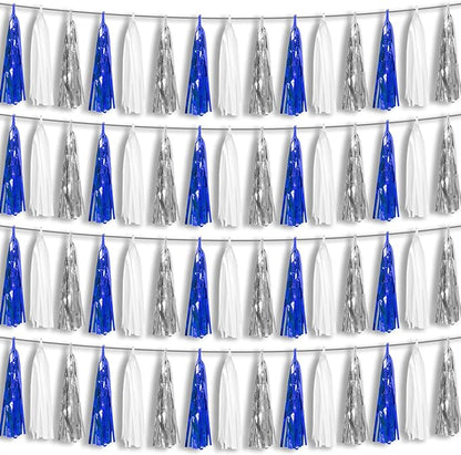 4P Navy-Blue White-Silver Foil Fringe Metallic Tassel Garland Banner, Tassels Banner Streamers for Parade Floats, Bachelorette, Wedding, Birthday, Halloween, Bridal/Baby Shower Party Decorations