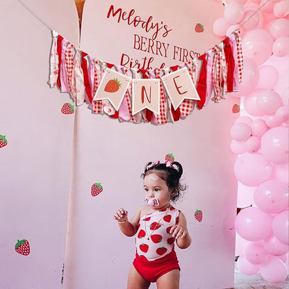 Berry First Birthday High Chair Banner - Strawberry Highchair Banner 1st Birthday, Berry Sweet One Party Decorations for Cake Smash, Photo Props