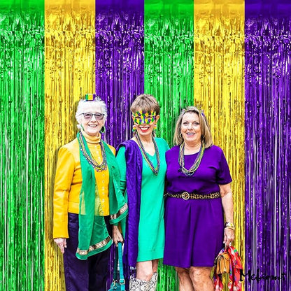 4 Pack 3.2Ft x 8.2Ft Mardi Gras Fringe Curtain Backdrop, Gold Green Purple Metallic Tinsel Foil Fringe Streamers Curtains Background for Photo Booth Birthday Wedding Carnival Party Decorations