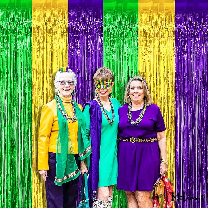 4 Pack 3.2Ft x 8.2Ft Mardi Gras Fringe Curtain Backdrop, Gold Green Purple Metallic Tinsel Foil Fringe Streamers Curtains Background for Photo Booth Birthday Wedding Carnival Party Decoration