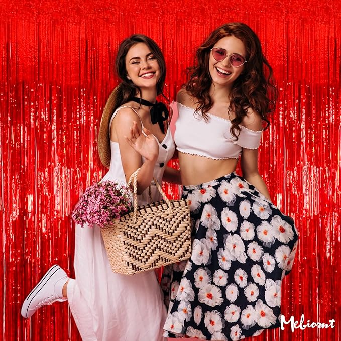 4 Pack 3.2Ft x 8.2Ft Red Fringe Curtain Backdrop, Sparkle Metallic Tinsel Foil Fringe Streamers Background for Photo Booth Birthday Wedding Baby Shower Halloween Christmas Party Decorations