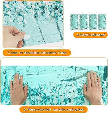 4 Pack 3.3 ft x 6.6 ft Wavy Aqua Teal Blue Tinsel Foil Fringe Curtains Backdrop - Wave Metallic Foil Curtains for Wedding Girl Princess Bachelorette Euphoria Theme Party Decoration