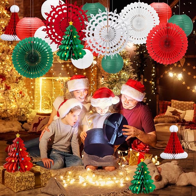 Christmas Paper Lanterns Decoration,19PCS Red Green Lanterns Handmade with Tape and String, Fans,Hanging Paper,Santa Hat for Christmas Party, New Year Eve Party