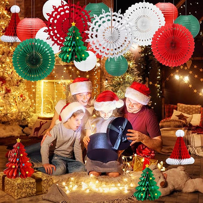 Christmas Paper Lanterns Decoration,19PCS Red Green Lanterns Handmade with Tape and String, Fans,Hanging Paper,Santa Hat for Christmas Party, New Year Eve Party