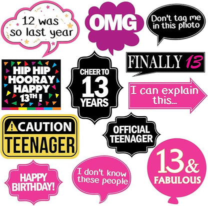 13th Birthday Photo Booth Party Props - 40 Pieces - Funny Official Teenager Birthday Party Supplies, Decorations and Favors