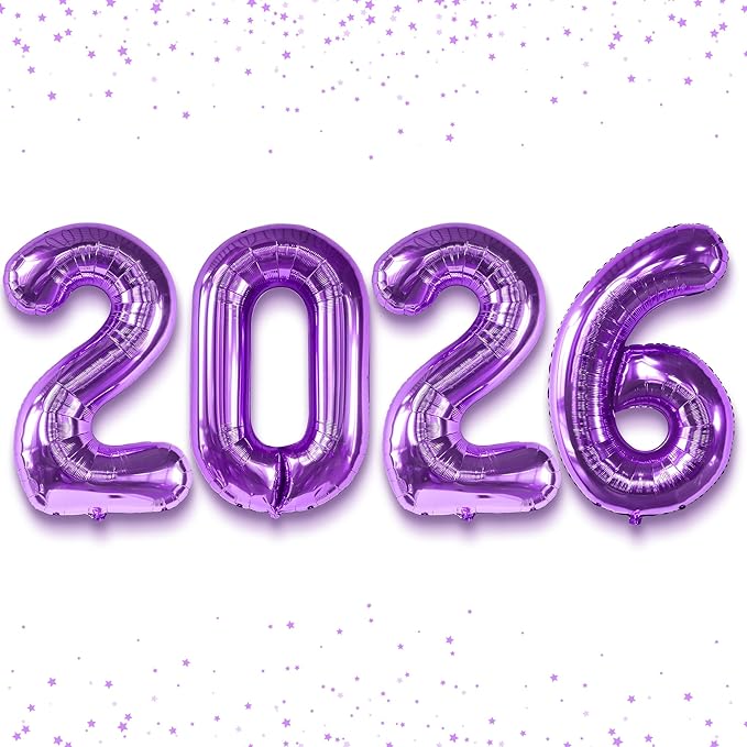 Katchon, Giant Purple 2026 Balloons - 42 Inch | Happy New Year Balloons | 2026 Balloon Numbers | Silver Balloon for New Years Decorations 2026 | NYE Decorations | New Years Eve Party Supplies 2026